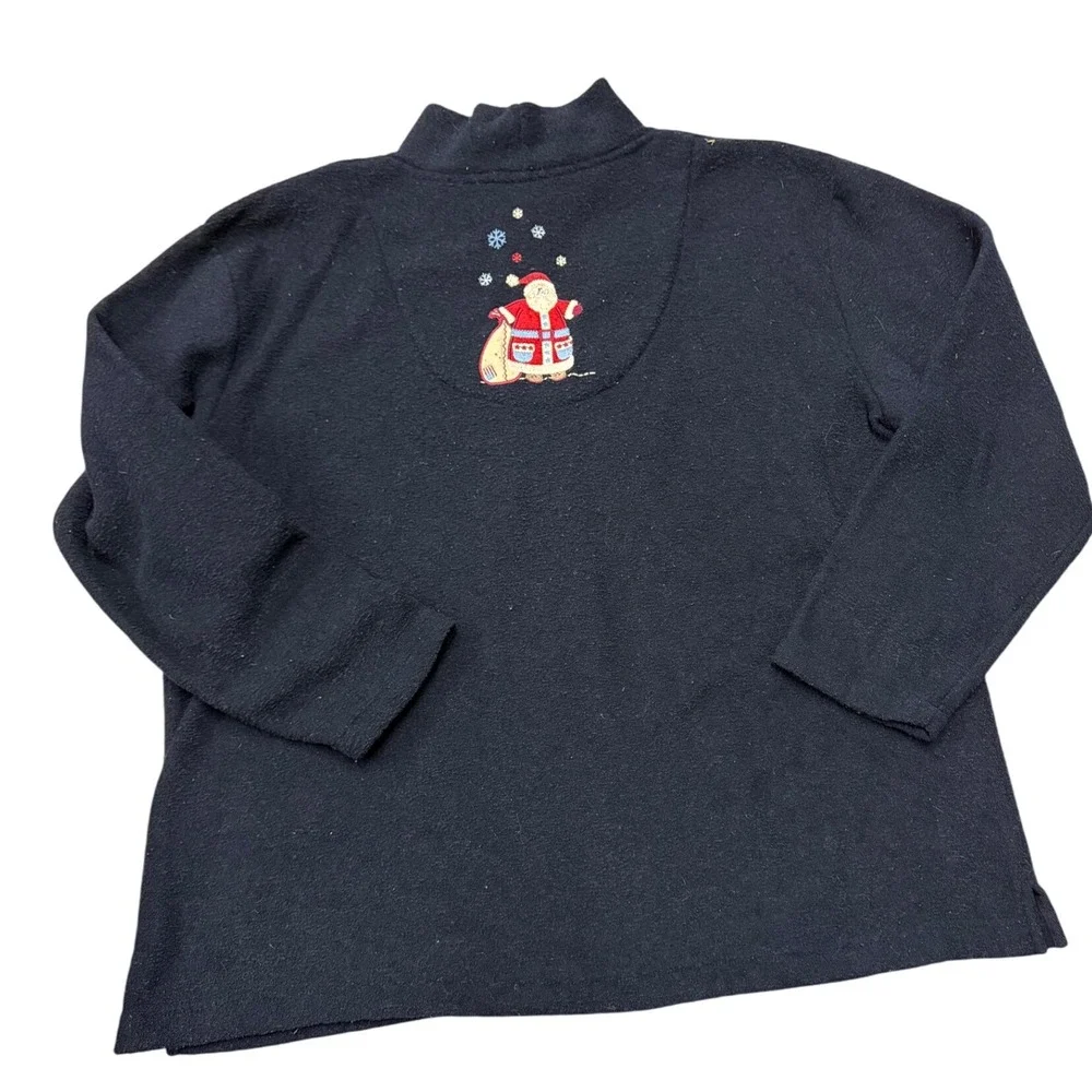 CJ Banks‎ Women's 1X Navy Blue Mock Neck Long Sleeve Embroidered Santa Fleece